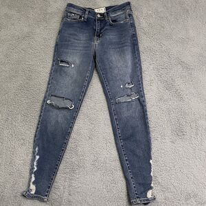 We The Free Distressed / Destroyed Mid Rise Raw Hem Skinny Jeans Dark Wash Sz 26